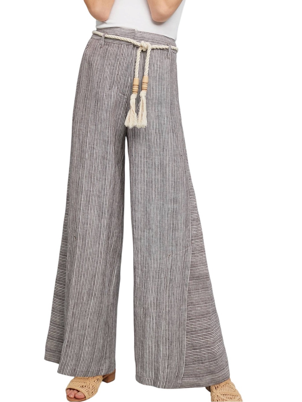 Ett:twa Anthropologie Black & Cream Striped Linen Wide Leg Pants Petite 2